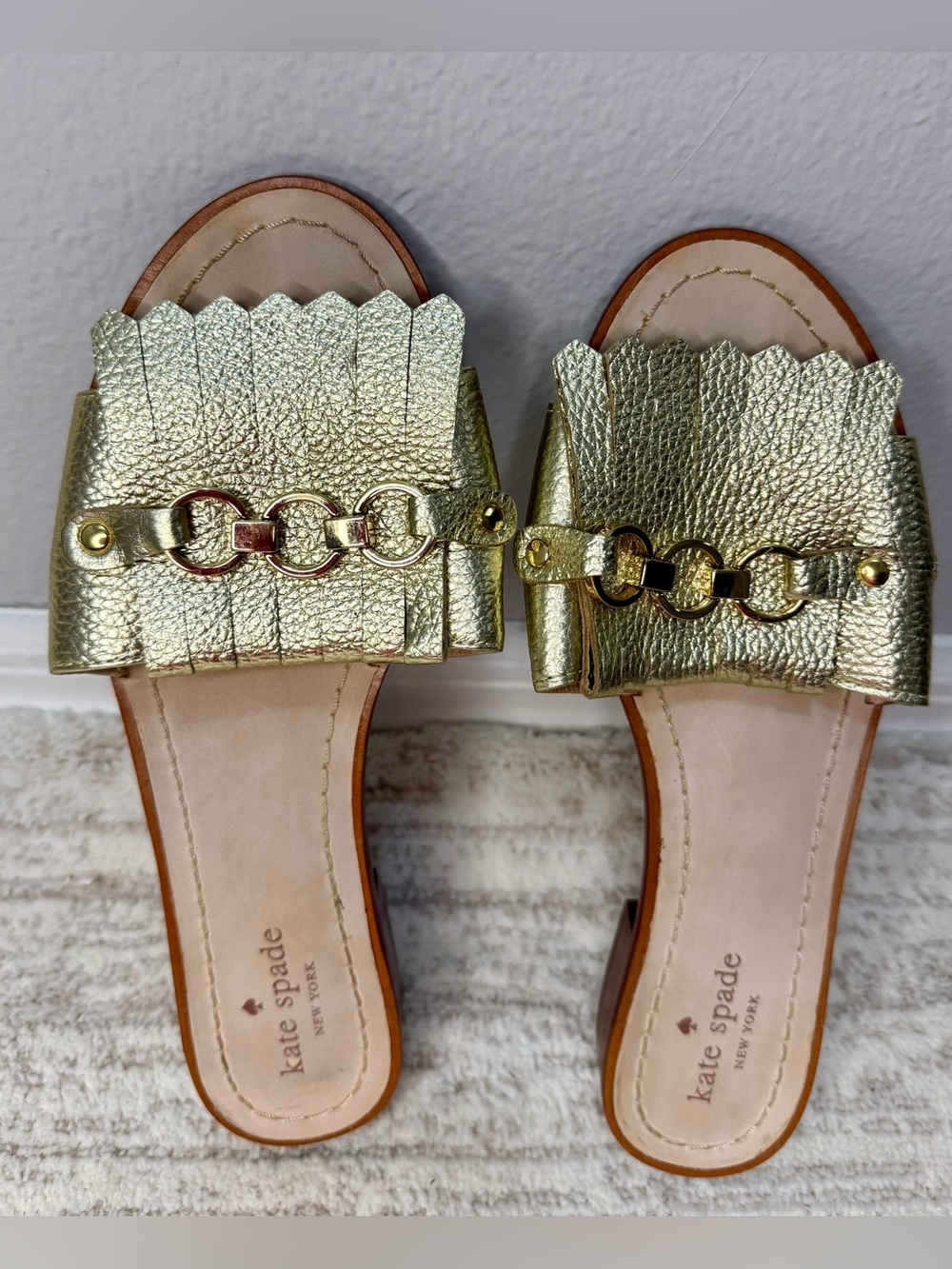 Kate Kate Spade New York Brie Slide Sandals Metallic Gold Leather Fringe Kiltie